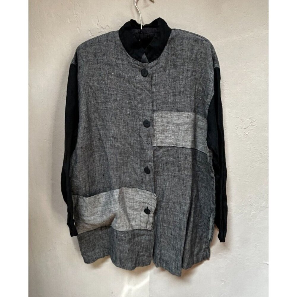 Xiaoyan Lin Women's Gray Black Patchwork Linen Shirt Jacket Long Sleeve Sz Large